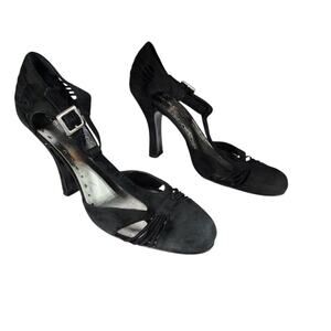 BCBGirls T Strap Heels sz 8B Women Black Suede Leather 4" Retro 1940s Whimsigoth